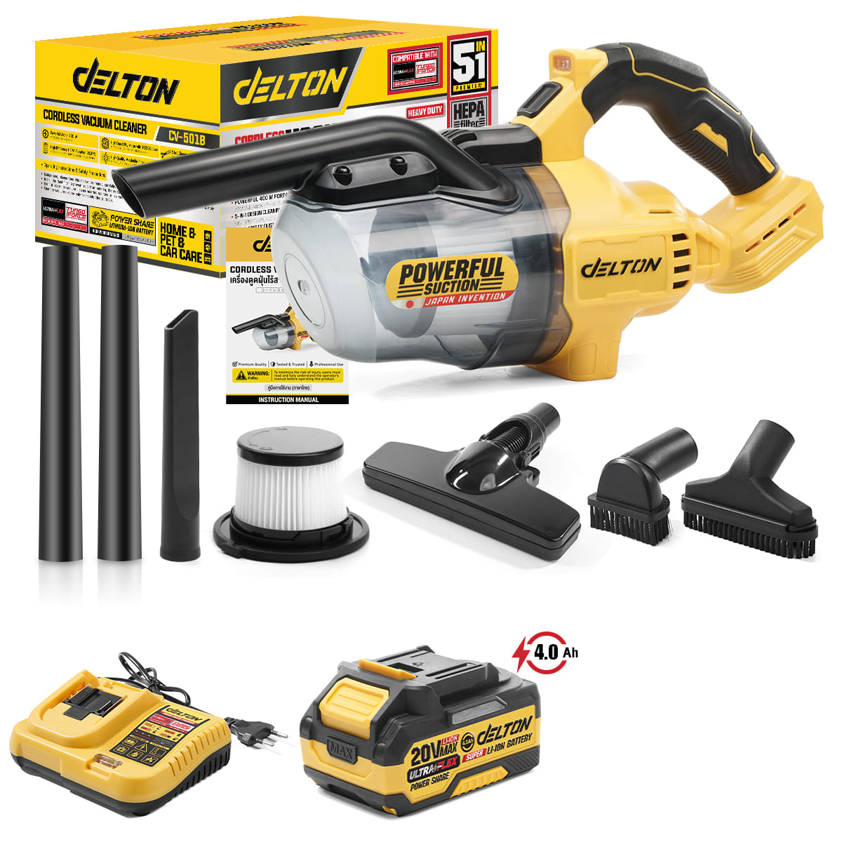 เครื่องดูดฝุ่นแบบมือจับไร้สาย (พร้อมแบตเตอรี่) DELTON รุ่น CV-501B ULTRAFLEX 20V 4AH_1
